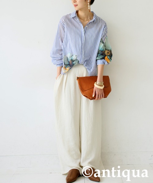 ブラウス シャツ コーデセット　インド綿シャツ×ワイドパンツ レディース antiqua ブラウス シャツ コーデセット インド綿シャツ×ワイド