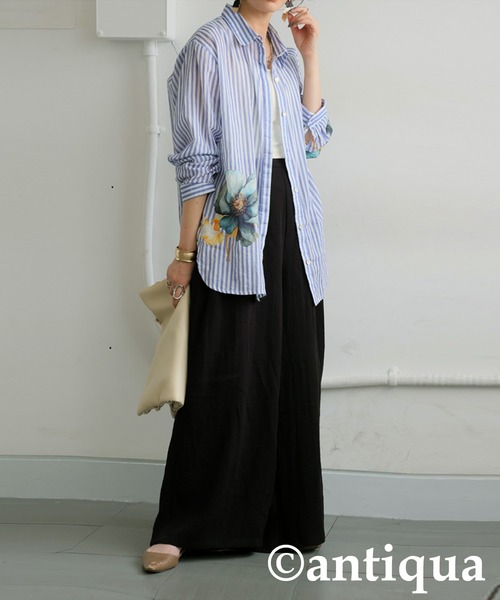 ブラウス シャツ コーデセット　インド綿シャツ×ワイドパンツ レディース antiqua ブラウス シャツ コーデセット インド綿シャツ×ワイド