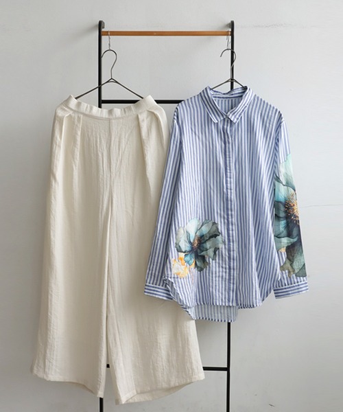 ブラウス シャツ コーデセット　インド綿シャツ×ワイドパンツ レディース antiqua ブラウス シャツ コーデセット インド綿シャツ×ワイド