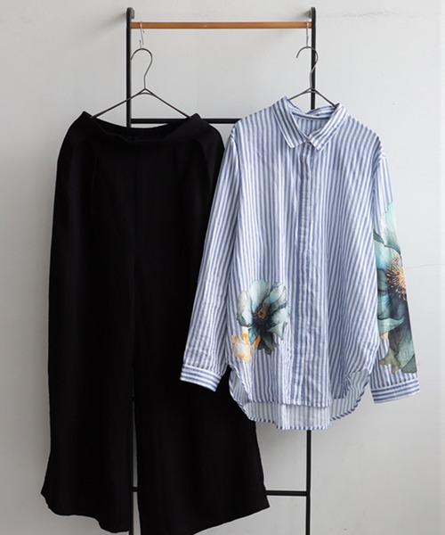ブラウス シャツ コーデセット　インド綿シャツ×ワイドパンツ レディース antiqua ブラウス シャツ コーデセット インド綿シャツ×ワイド