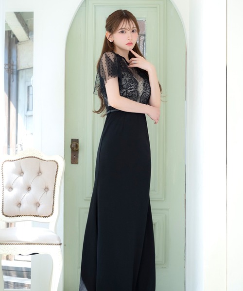 Tika ドレス キャバドレス 半袖 シアー ドット柄 フレアスリーブ