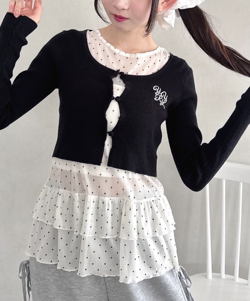 Loueme tシャツ 裾フリルドットティアードトップス レディース