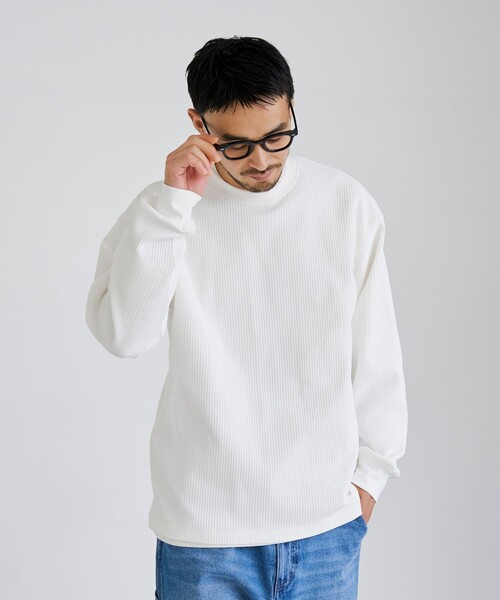【こんちは】STONE  ホワイト ロングスリーブ Tシャツ coen（コーエン） tシャツ コンフォートワッフルロングスリーブTシャツ