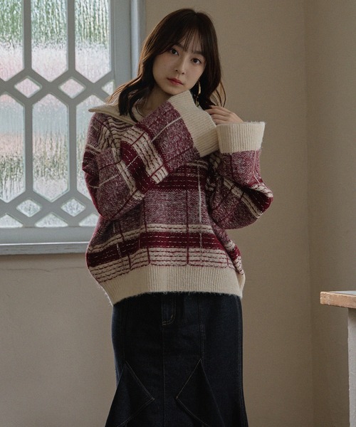 mideal（マイディール） ニット セーター half zip check knit