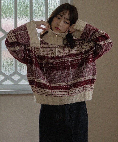 mideal（マイディール） ニット セーター half zip check knit
