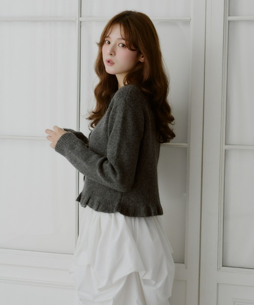 beauty&youth フリルニットカーディガン グレー Olu.（オルドット） カーディガン フリルニットカーディガン