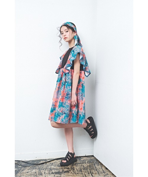 ワンピース アブストラクトハンカチーフスリーブワンピース キッズ 子供服 女の子の画像