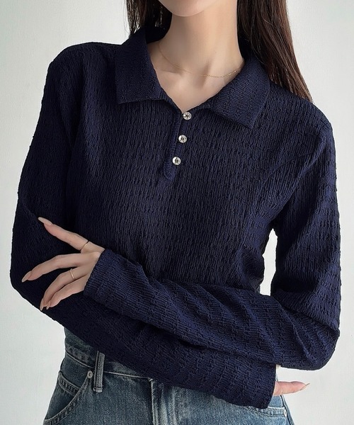 「Meiru」 長袖ポロシャツ MEDIUM ネイビー レディース_画像6