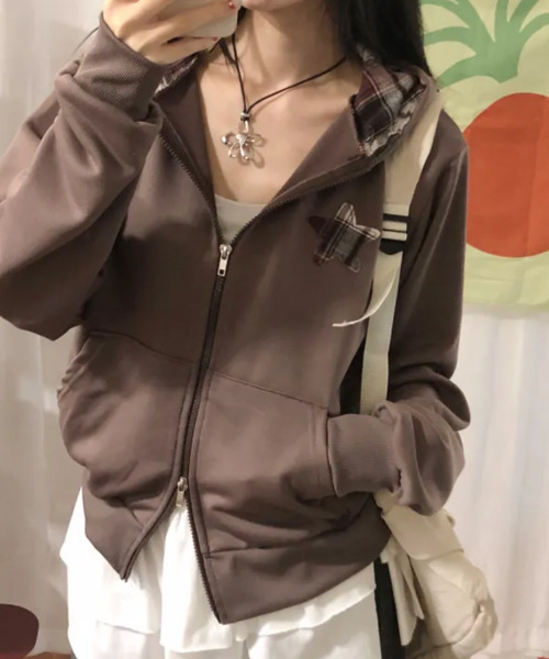 チェックダブルジップパーカー　ダブルジップフーディ　ポーカーズ　レイヤード パーカー チェックフード ダブルジップ スウェットパーカー レディース