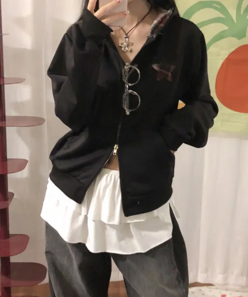 チェックダブルジップパーカー　ダブルジップフーディ　ポーカーズ　レイヤード パーカー チェックフード ダブルジップ スウェットパーカー レディース