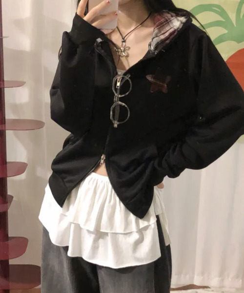 パーカー チェックフード ダブルジップ スウェットパーカー レディース