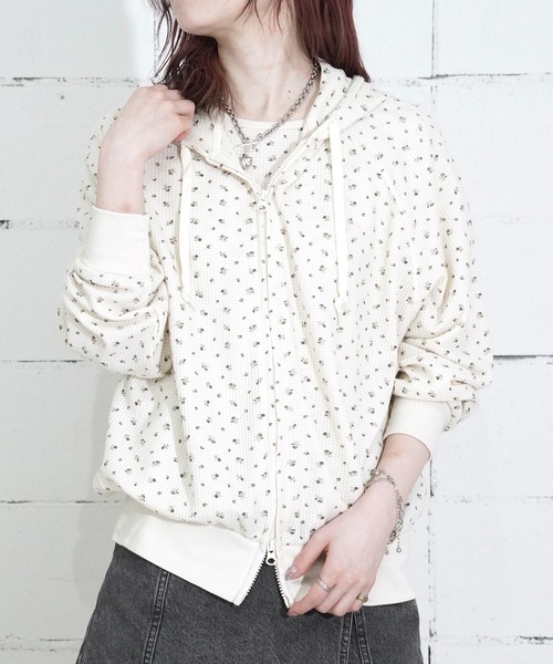 JEMORGAN レディース ワッフル花柄フルジップパーカ JEMORGAN（ジェーイーモーガン） パーカー ワッフル花柄ZIPパーカ