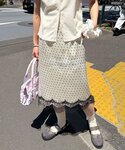 スカート ドット柄サテン刺繍Iラインスカートの詳細画像1