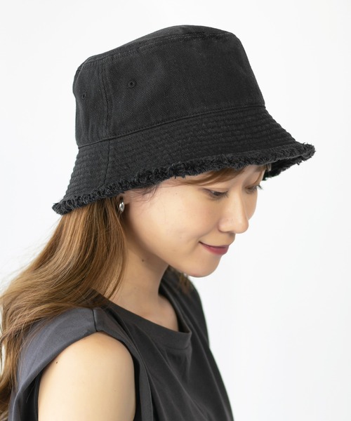 ブラック バケットハット フリンジ仕上げ 14+ 帽子 ハット ツイルフリンジバケットハット レディース メンズ