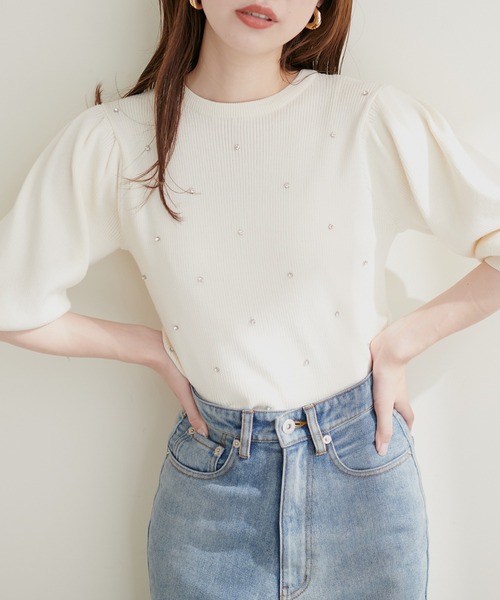 新品7万7千円タグ付き イタリア製 胸元きらきらビジュー装飾ルーズスリーブニット natural couture ニット きらきらビジュー装飾ニット : ZOZOTOWN