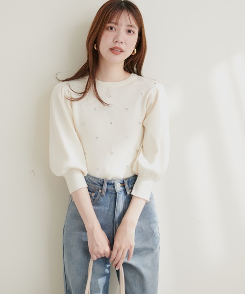 新品7万7千円タグ付き イタリア製 胸元きらきらビジュー装飾ルーズスリーブニット natural couture ニット きらきらビジュー装飾ニット : ZOZOTOWN