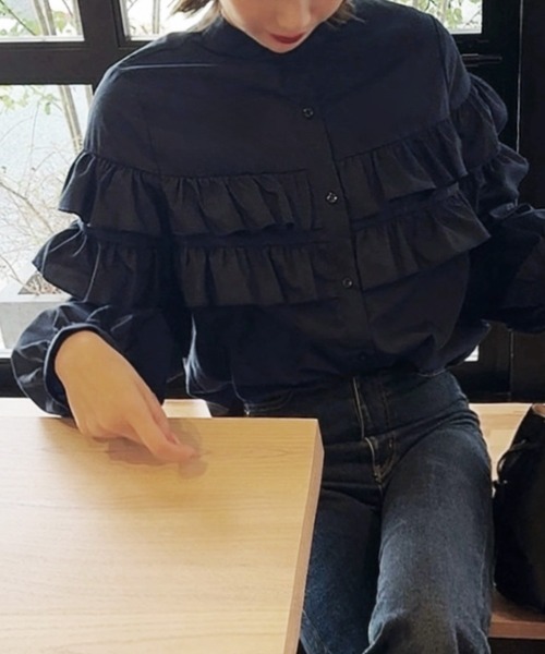Lace Ladies ブラウス シャツ フリルスタンドカラーギャザー長袖