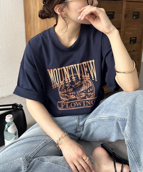 ★MEDM ユニセックス ロゴ刺繍 おしゃれ Tシャツ/送料込 Discoat tシャツ 「ユニセックス」MOUNTVIEWモチーフ刺繍ロゴT