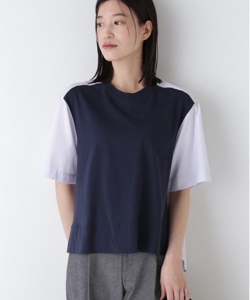 tシャツ ストライプ布帛コンビＴシャツ レディース