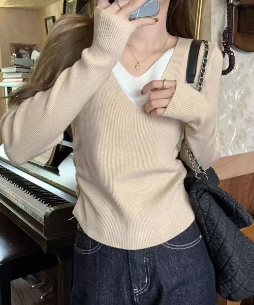 ニット セーター フェイクレイヤードVネックニット レディース ANGIE ニット セーター フェイクレイヤードVネックニット