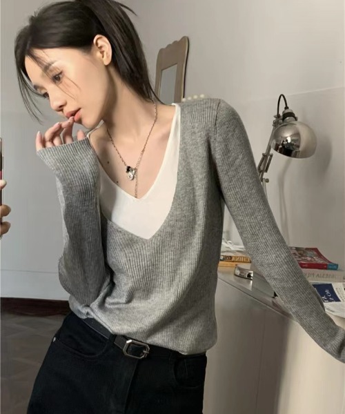 AsheKsha ニット セーター フェイクフェイクレイヤード vネック