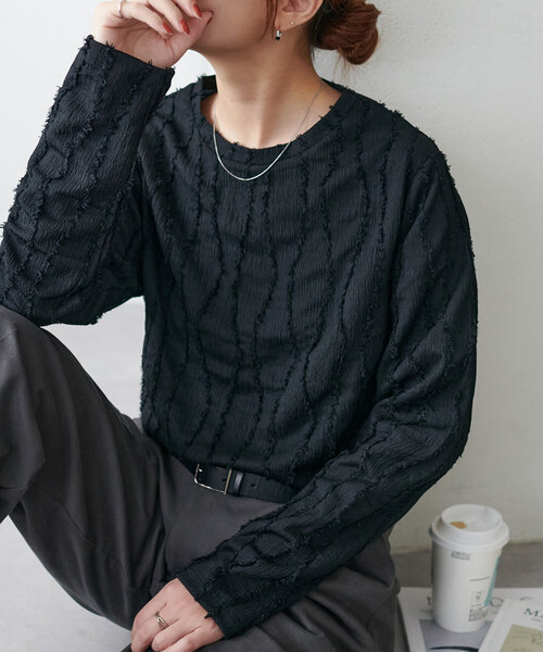 【ブラック】ダメージ ジャガード 長袖 Tシャツ Discoat（ディスコート） tシャツ 「新色追加!/WEB限定」ジャガード