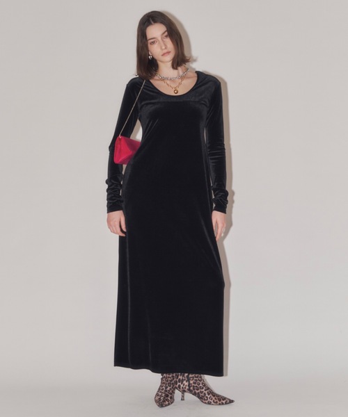 未使用 AUJUS日本製ベロア ロングワンピース ドレスM-XSブラック 