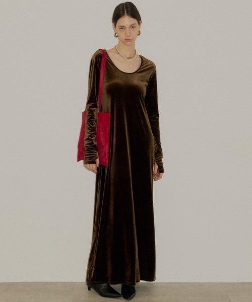 【Acka.】 ベロアロングドレス ダークブラウン ワンピース 2way Uneck velours long dress / 2wayUネックベロアロング