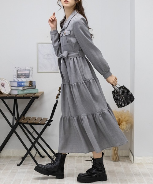 epine tiered one-piece シャツワンピース pumpkin port ワンピース ベルト付 ティアード切替 シャツ