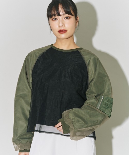 tシャツ チュールレイヤードMA-1スリーブプルオーバー レディース