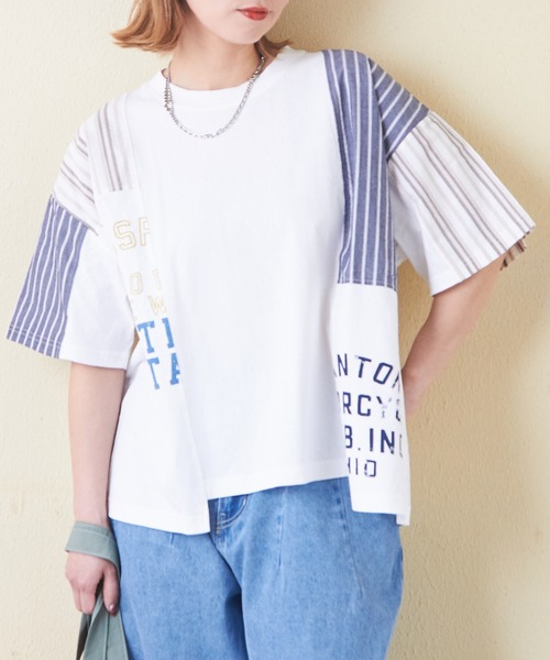 CUBE SUGAR tシャツ ストライプミックス切替プルオーバーシャツ