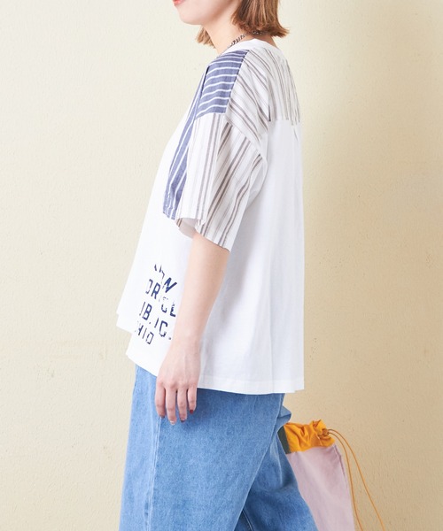 tシャツ CUBE SUGAR/キューブシュガー　ストライプMIX 切替半袖シャツPO レディース CUBE SUGAR tシャツ SUGAR/キューブシュガー ストライプMIX 切替