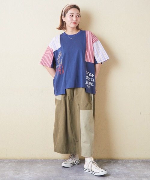 tシャツ CUBE SUGAR/キューブシュガー　ストライプMIX 切替半袖シャツPO レディース CUBE SUGAR tシャツ SUGAR/キューブシュガー ストライプMIX 切替