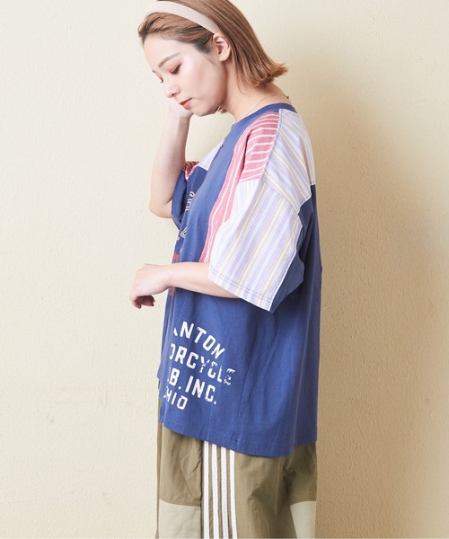 tシャツ CUBE SUGAR/キューブシュガー　ストライプMIX 切替半袖シャツPO レディース CUBE SUGAR tシャツ SUGAR/キューブシュガー ストライプMIX 切替
