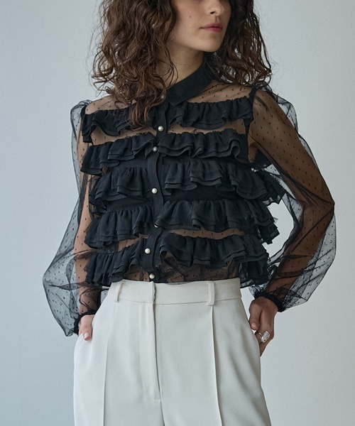 ブラウス シャツ Dot tulle border frills blouse ドットチュールボーダーフリルブラウス レディース