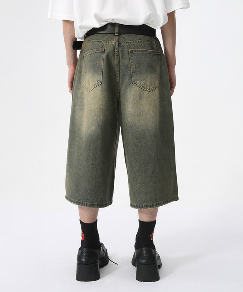 ＊ロング丈後ろポケット簡略 変形デザイン 極太 半端丈 バギーデニムショーツ ロング丈後ろポケット簡略 変形デザイン 極太 半端丈 バギー