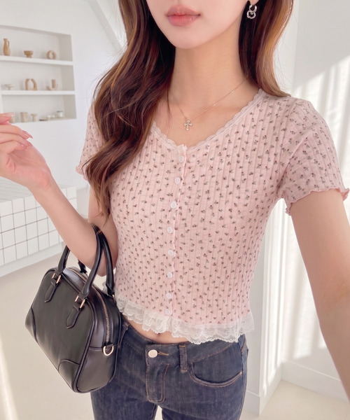 Ada. ヘンリーネック tシャツ 半袖 レースデザイン 小花柄 ヘンリー