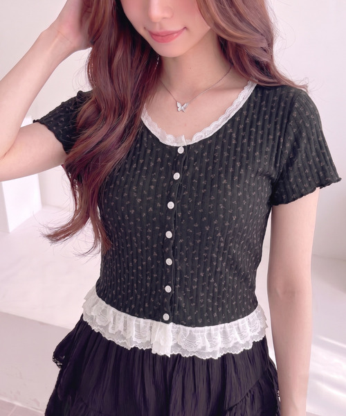 Ada. ヘンリーネック tシャツ 半袖 レースデザイン 小花柄 ヘンリー 
