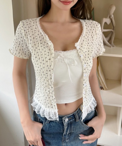 新品未使用♡ ロゴ　ロンT 　ドレス丈　小花柄ホワイト&ブラウン　春夏 Ada. tシャツ レースデザイン 小花柄 ヘンリーネック トップス