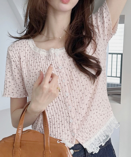 Ada. ヘンリーネック tシャツ 半袖 レースデザイン 小花柄 ヘンリー