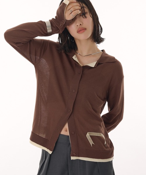 カーディガン layered like sheer knit shirt cardigan / レイヤード風シアーニットシャツカーディガン レディース
