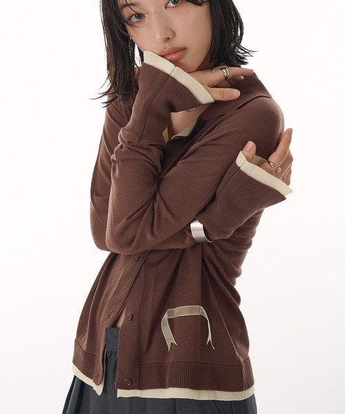 MUHET カーディガン layered like sheer knit shirt cardigan