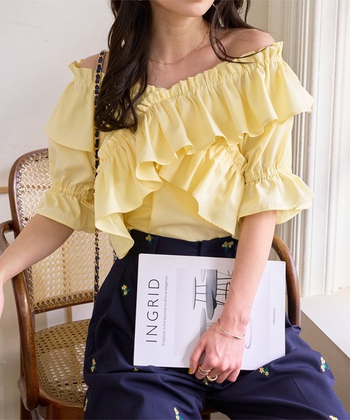 ブラウス シャツ Organdy tiered vest レディース KOBE LETTUCE ブラウス シャツ manywayギャザーフリルオフショル