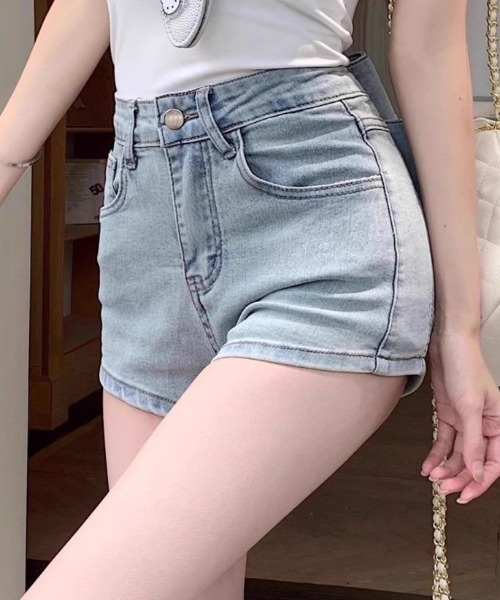ハイウエストショートパンツ バックリボンデザイン 5052805 セール】【 2color 】ミニリボン刺繍ハイウエストデニム