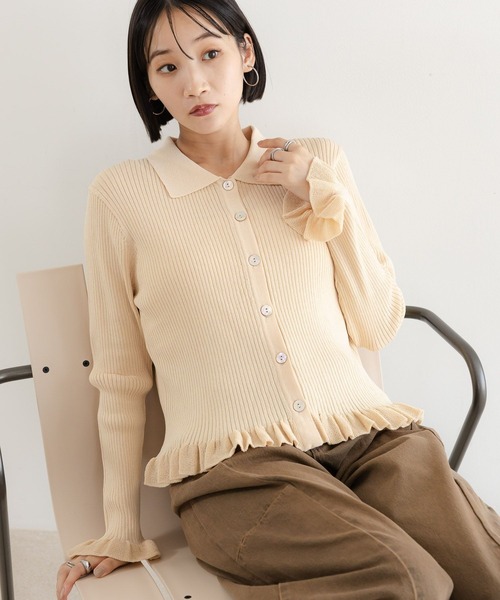 即日発送　新品　LOWRYS FARM チビフリルカーディガンＬＳ　アイボリー LOWRYS FARM（ローリーズファーム） ニット セーター スソフリル