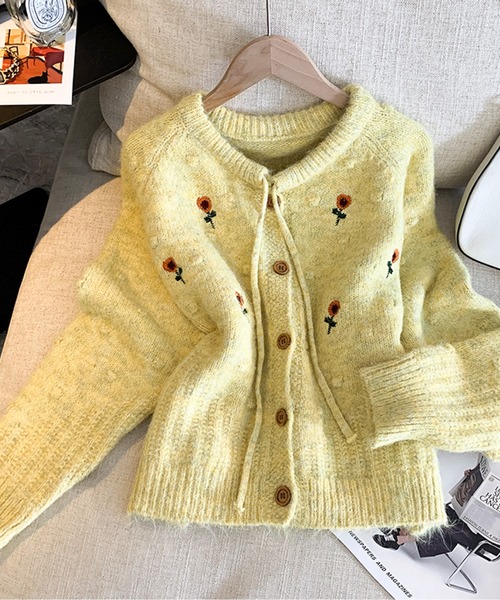 カーディガン 花柄刺繍リボンニットカーディガン レディース