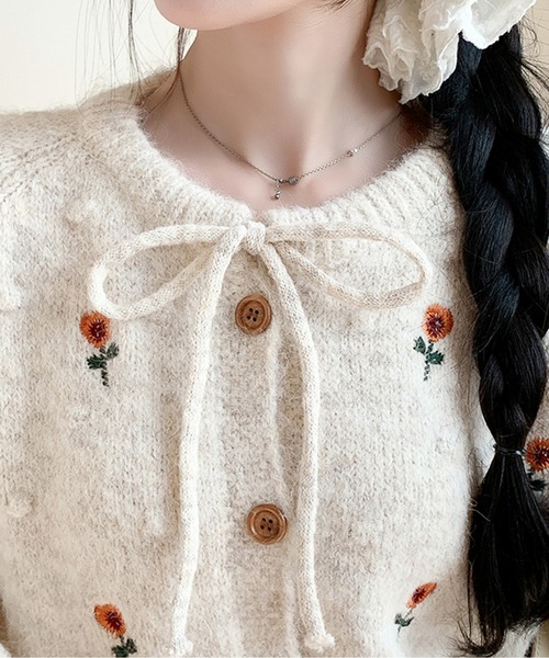 カーディガン 花柄刺繍リボンニットカーディガン レディース カーディガン 花柄刺繍リボンニットカーディガン レディース