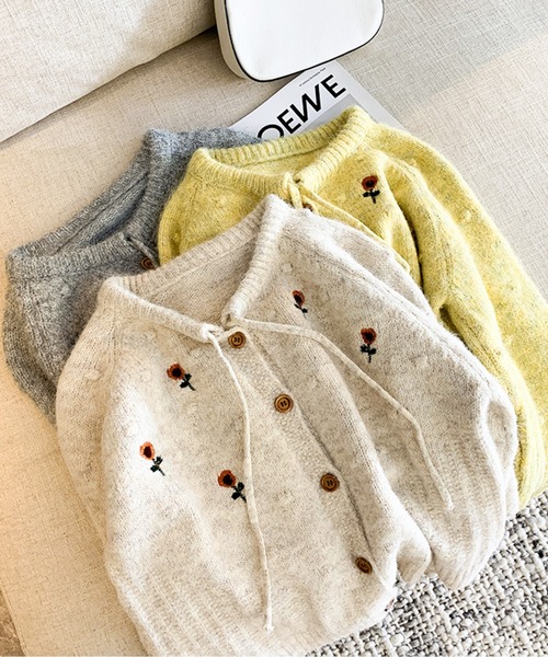カーディガン 花柄刺繍リボンニットカーディガン レディース