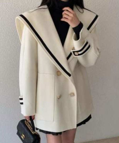 コート アウター 配色ラインセーラーカラーメルトンコート レディース