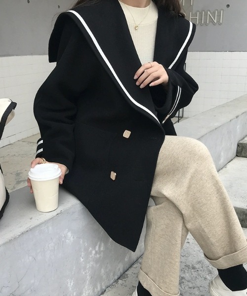 コート アウター 配色ラインセーラーカラーメルトンコート レディース
